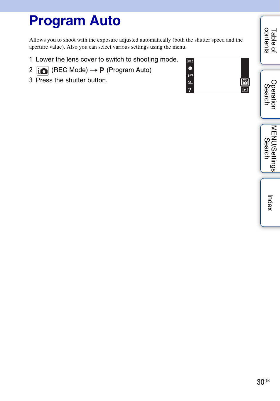Program auto | Sony DSC-T110 User Manual | Page 30 / 164