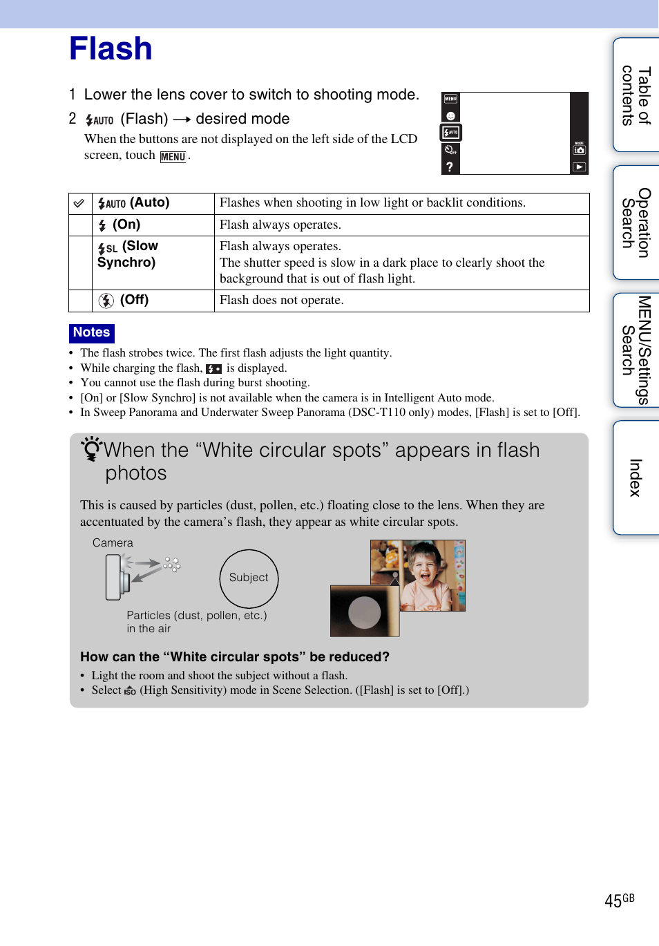 Flash | Sony DSC-T110 User Manual | Page 45 / 164