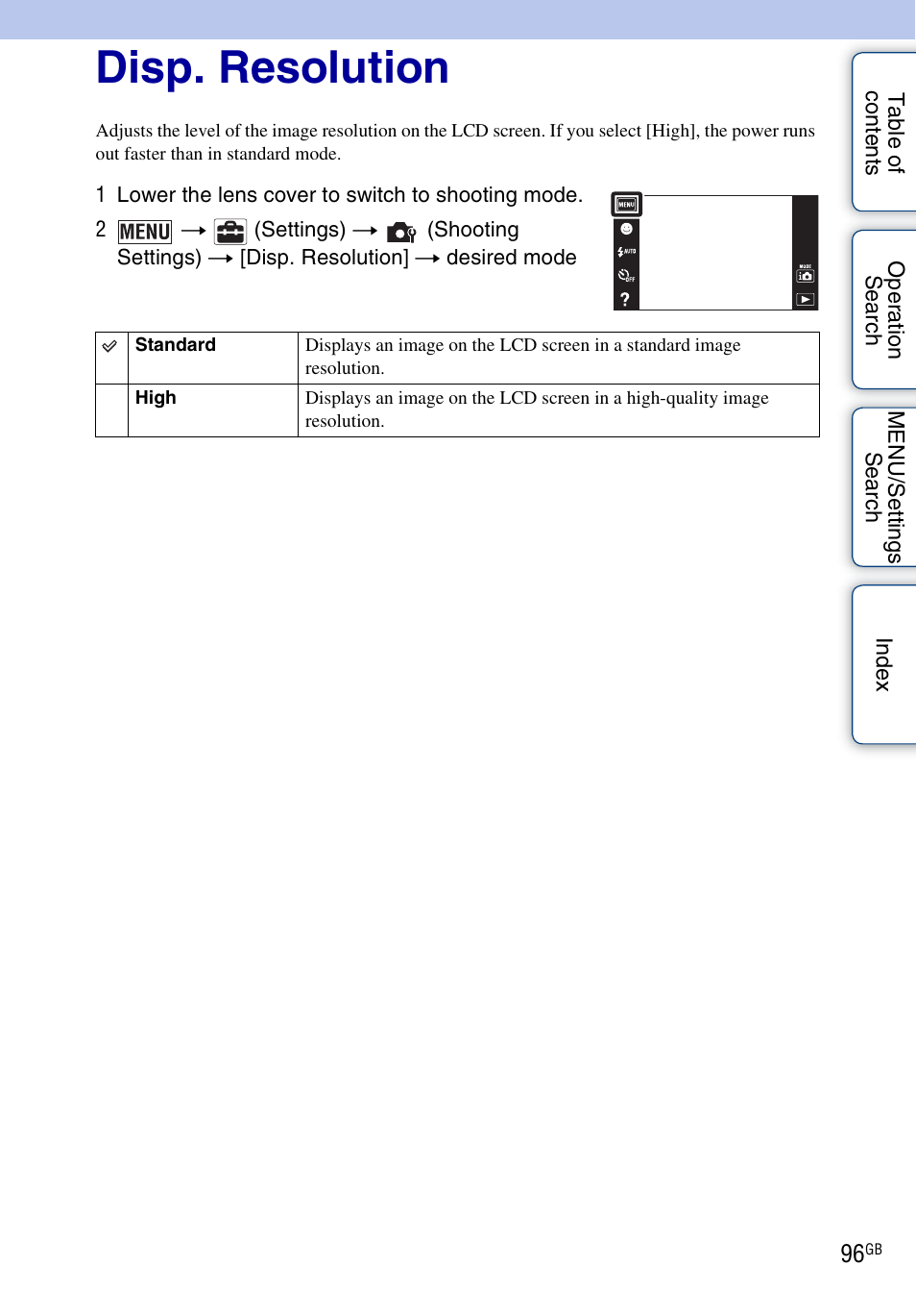 Disp. resolution | Sony DSC-T110 User Manual | Page 96 / 164