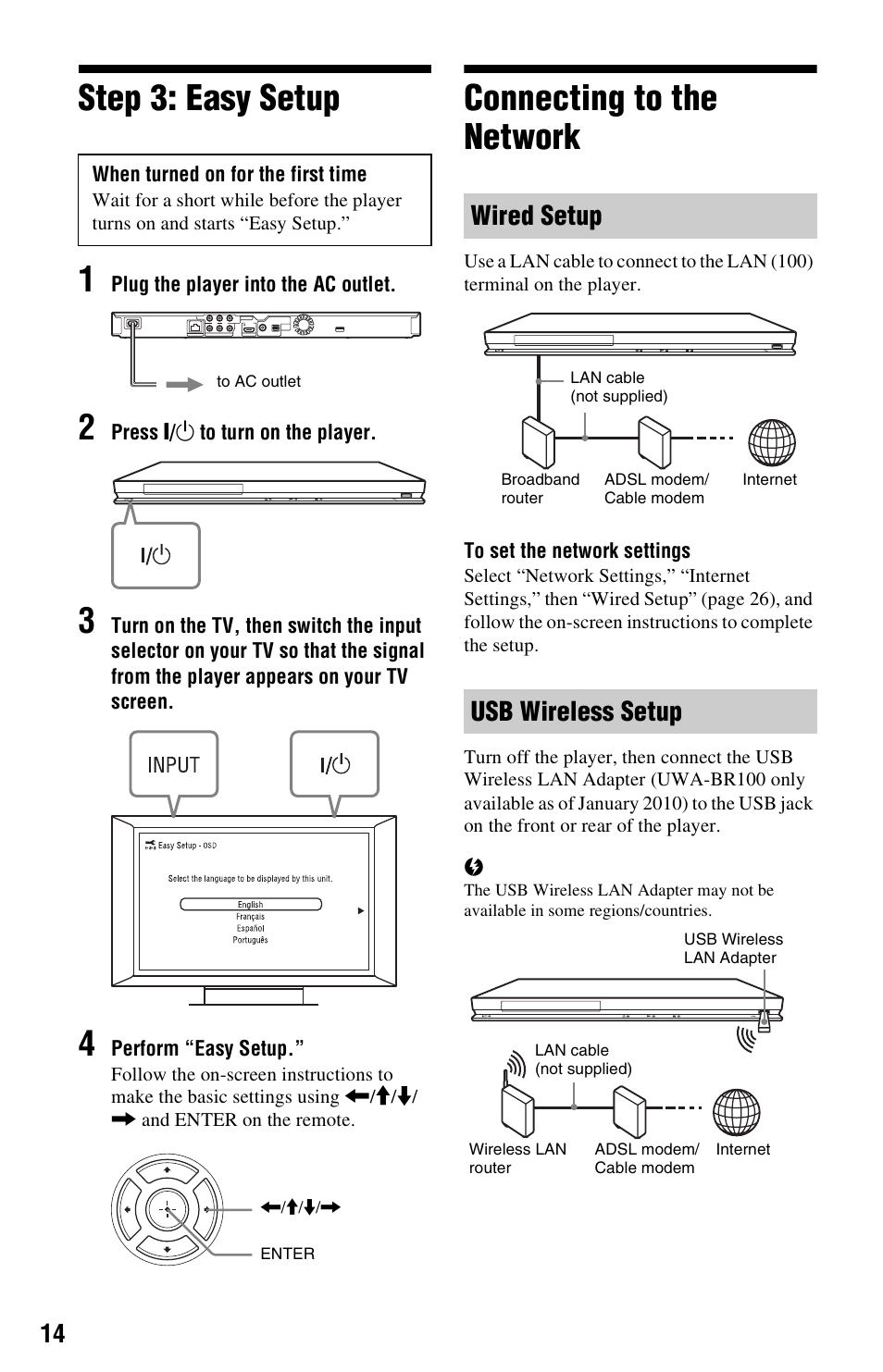 Step 3: easy setup, Connecting to the network, Step 3: easy setup connecting to the network | Step 3: easy setup 1, Wired setup usb wireless setup | Sony BDP-S370 User Manual | Page 14 / 39