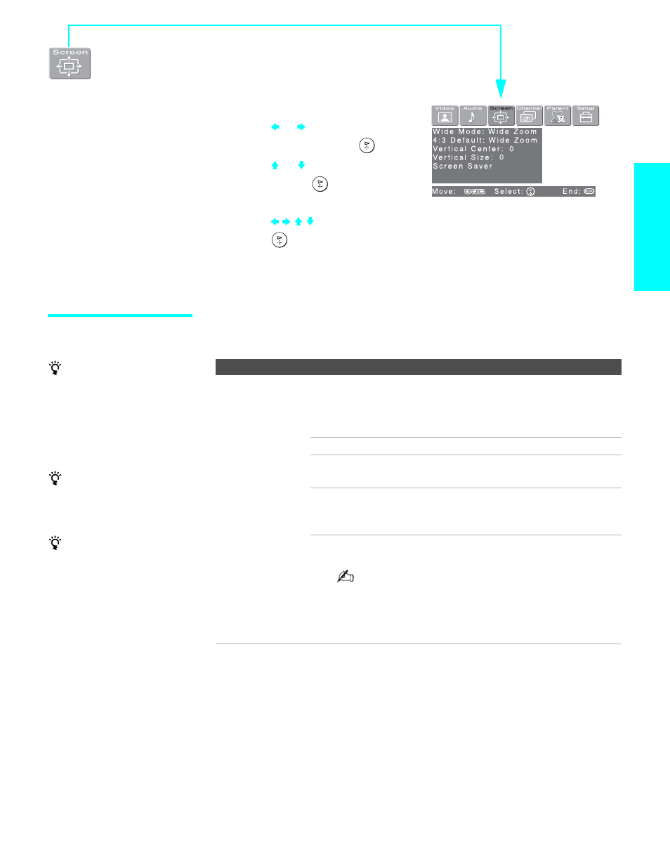 Using the screen menu, Selecting screen mode options, D 101 | Menus | Sony KDE-50XBR950 User Manual | Page 103 / 132