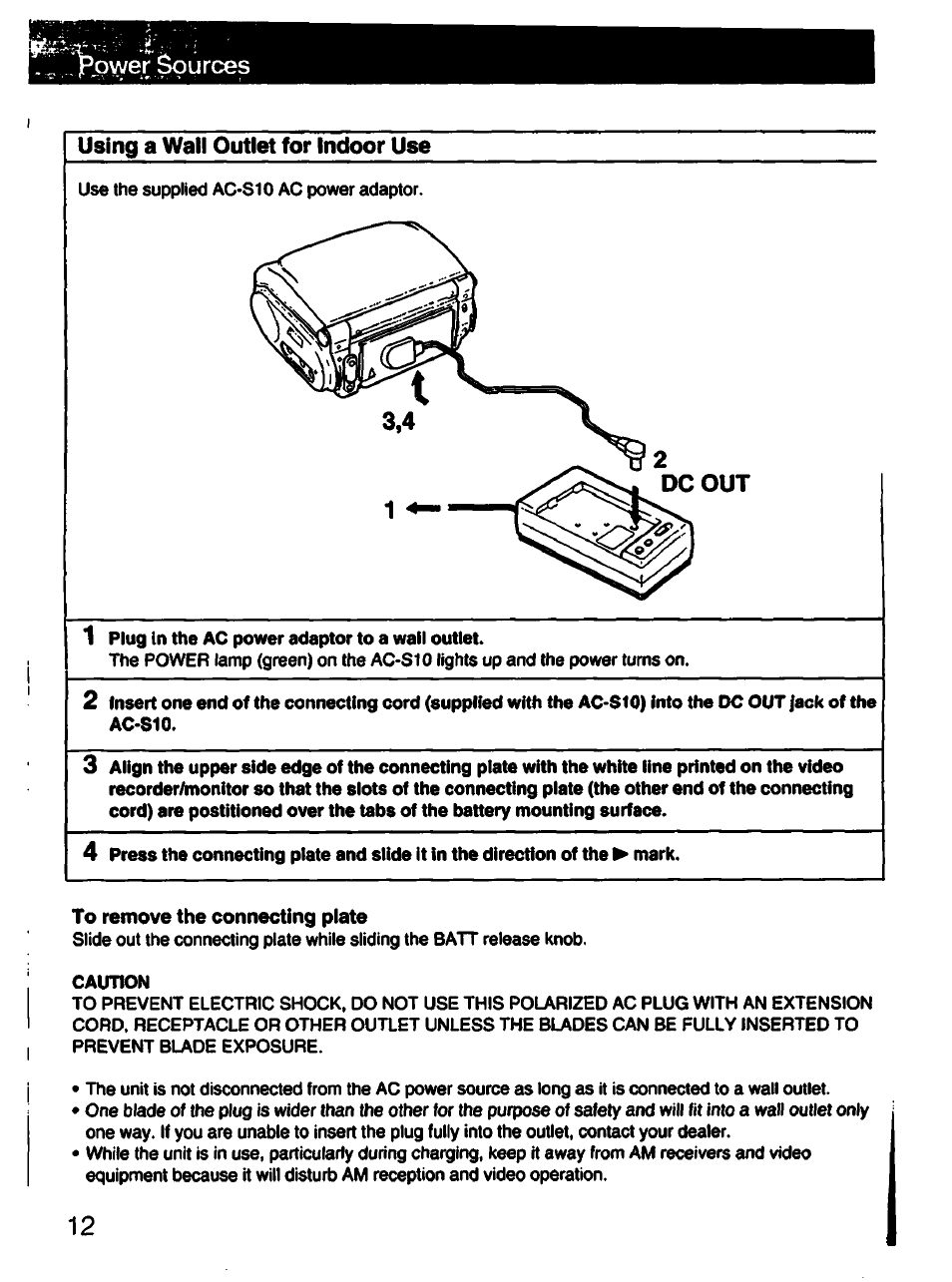 Wer èources, Using a wall outlet for indoor use, To remove the connecting plate | Sony GV-S50 User Manual | Page 12 / 43