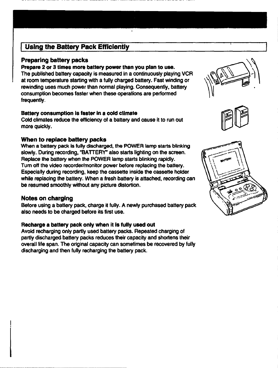 Preparing battery packs, When to replace battery packs, Notes on charging | Using the battery pack efficiently | Sony GV-S50 User Manual | Page 15 / 43