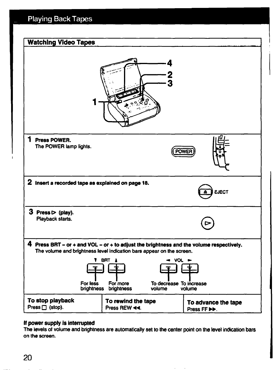 If power supply is interrupted, Playing back tapes | Sony GV-S50 User Manual | Page 20 / 43