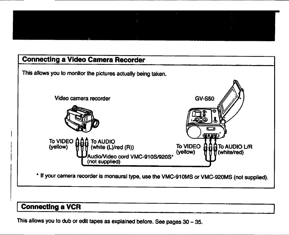 Connecting a video camera recorder, Connecting a vcr | Sony GV-S50 User Manual | Page 37 / 43