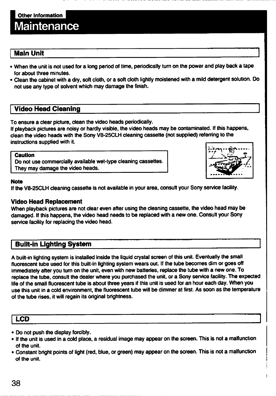 Maintenance, Main unit, Video head cieaning | Video head replacement, Built-in lighting system, Video head cleaning, Built-in lighting system lcd | Sony GV-S50 User Manual | Page 38 / 43