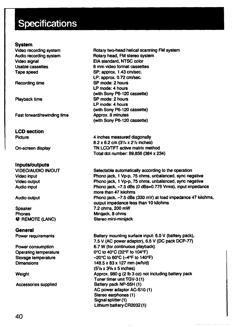 Specifications | Sony GV-S50 User Manual | Page 40 / 43