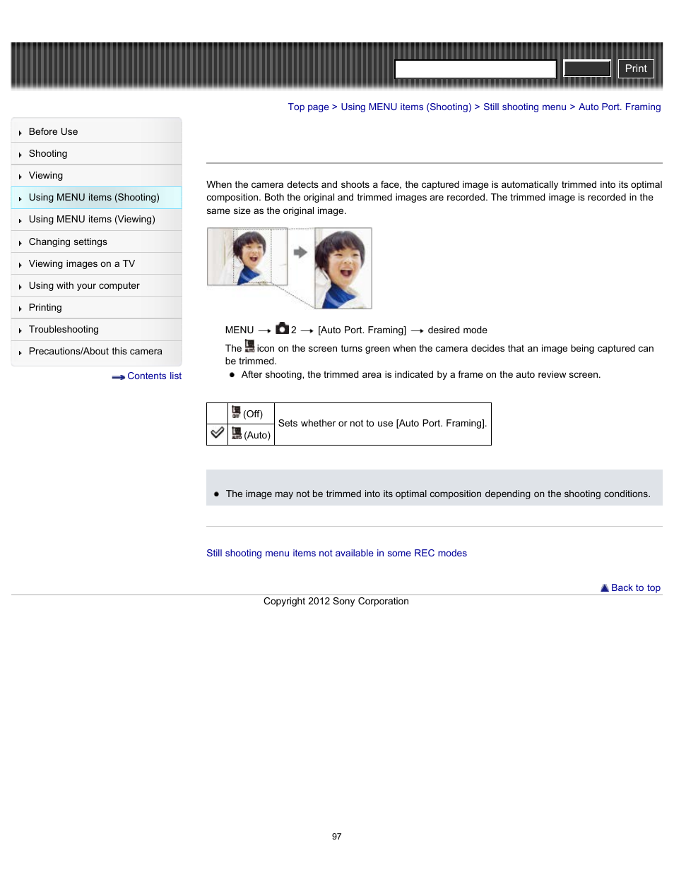 Auto port. framing, Cyber-shot user guide | Sony DSC-RX100 User Manual | Page 104 / 259