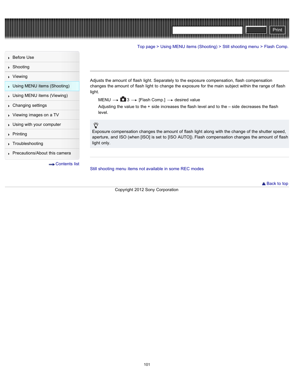 Flash comp, Cyber-shot user guide | Sony DSC-RX100 User Manual | Page 108 / 259
