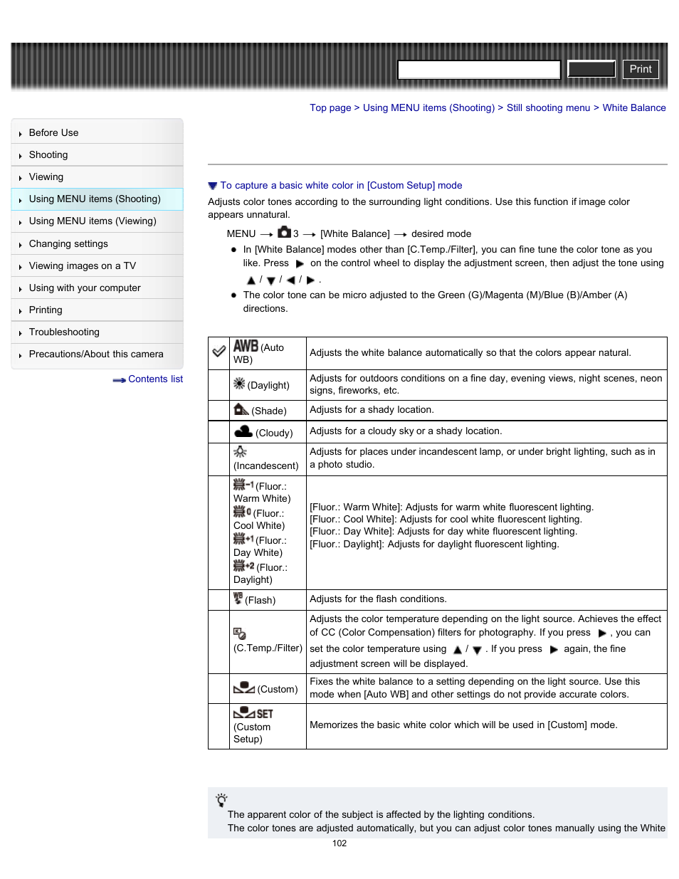 White balance, Cyber-shot user guide | Sony DSC-RX100 User Manual | Page 109 / 259