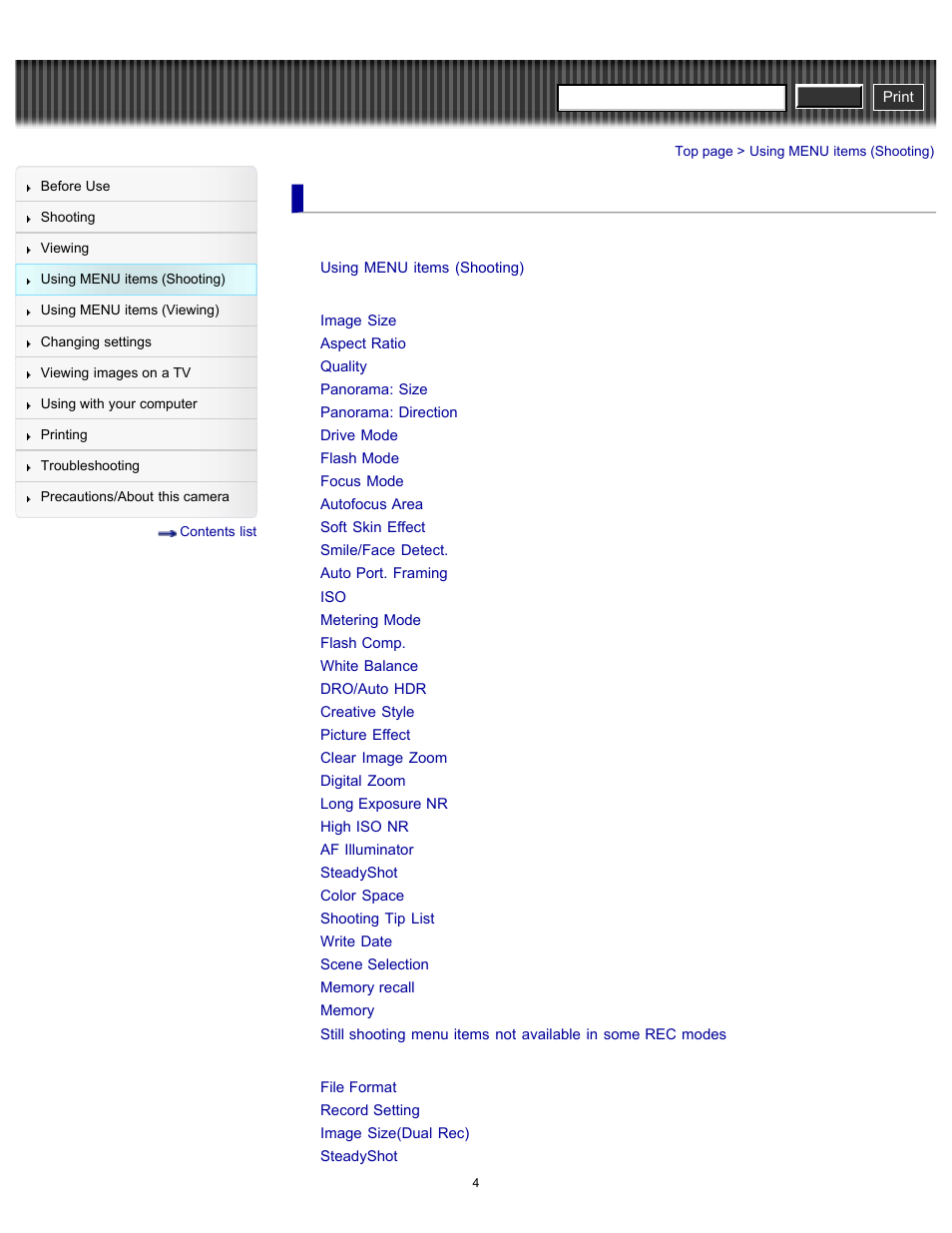 Using menu items (shooting), Still shooting menu, Movie shooting menu | Cyber-shot user guide | Sony DSC-RX100 User Manual | Page 11 / 259