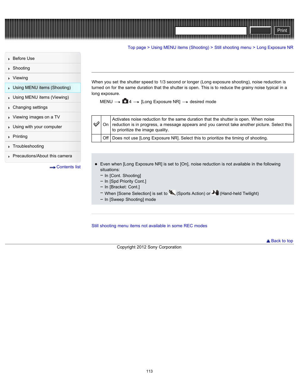 Long exposure nr, Cyber-shot user guide | Sony DSC-RX100 User Manual | Page 120 / 259
