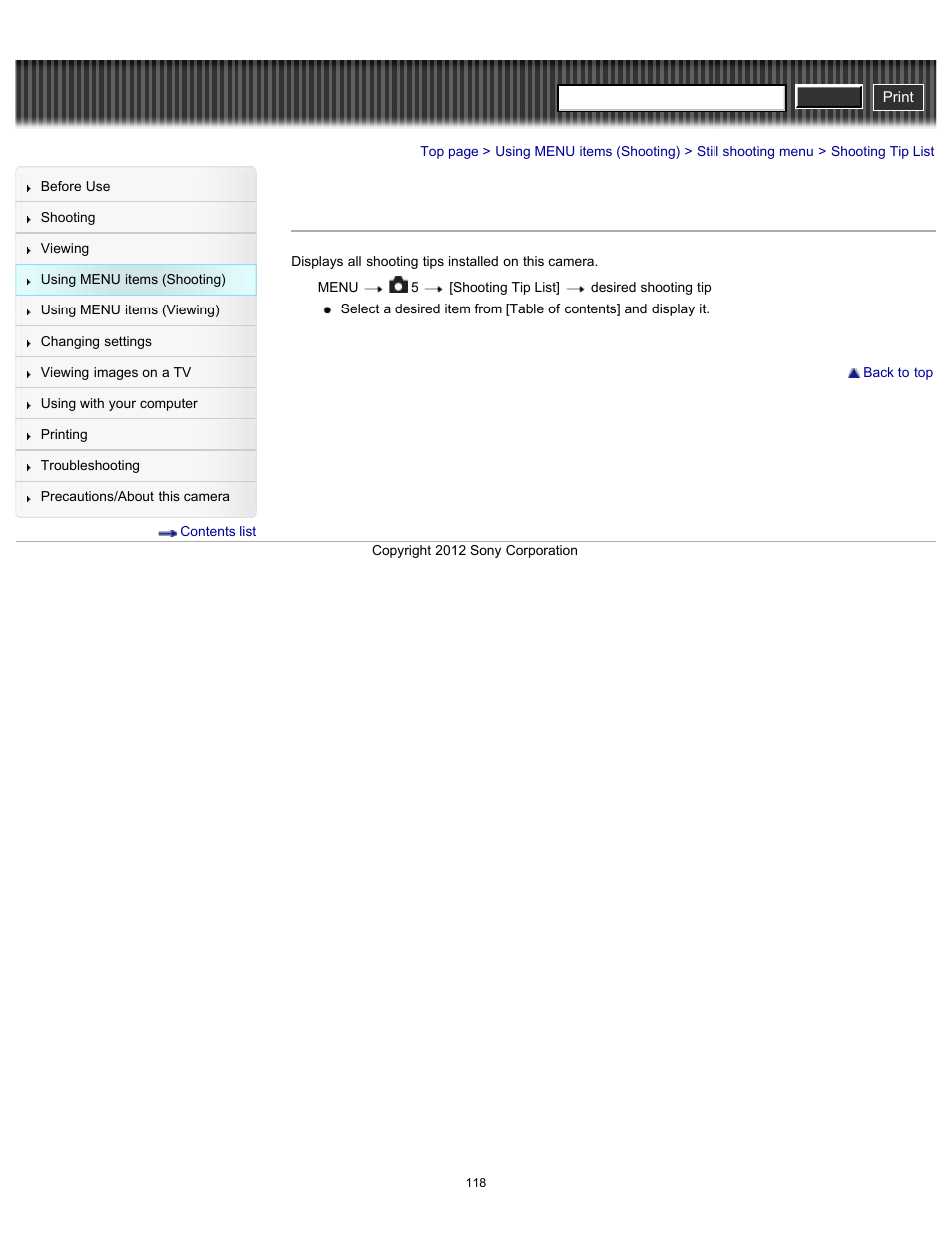 Shooting tip list, Cyber-shot user guide | Sony DSC-RX100 User Manual | Page 125 / 259