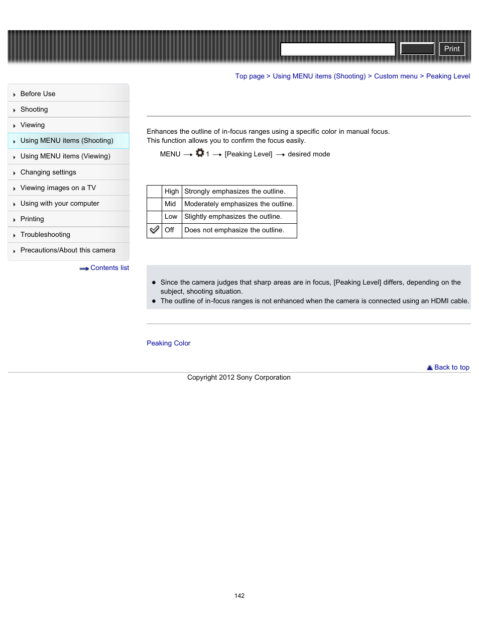 Peaking level, Cyber-shot user guide | Sony DSC-RX100 User Manual | Page 149 / 259