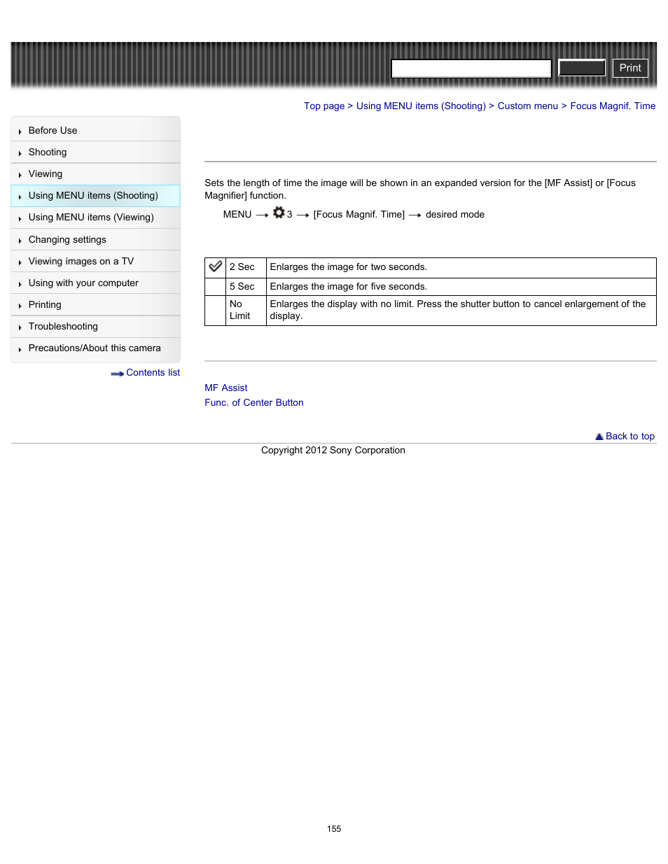 Focus magnif. time, Cyber-shot user guide | Sony DSC-RX100 User Manual | Page 162 / 259