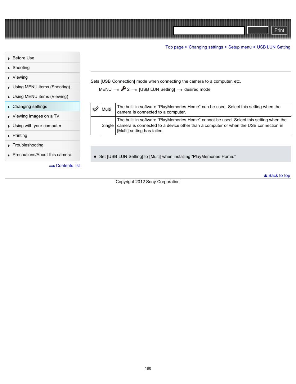 Usb lun setting, Cyber-shot user guide | Sony DSC-RX100 User Manual | Page 197 / 259