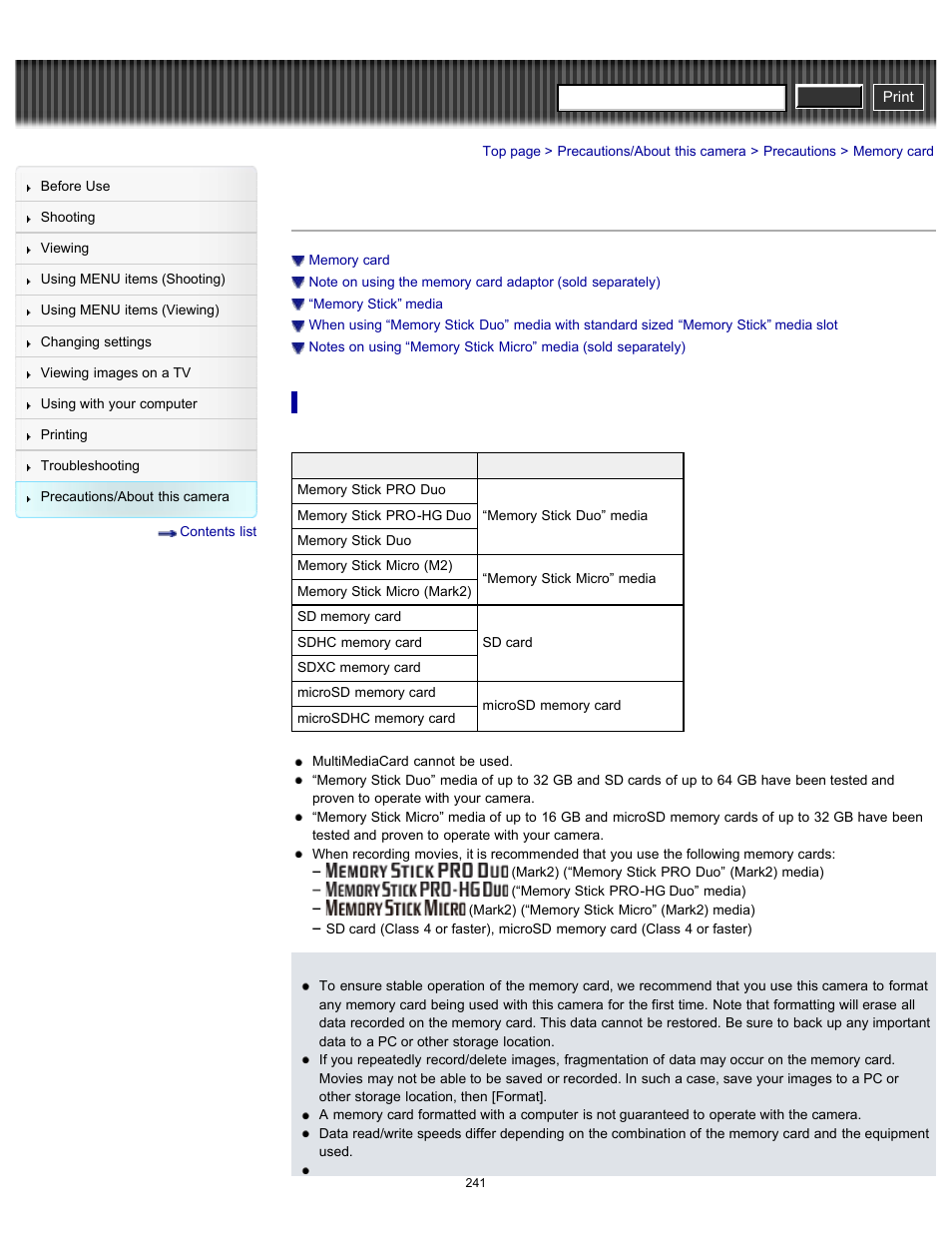 Memory card, Details, Cyber-shot user guide | Sony DSC-RX100 User Manual | Page 248 / 259