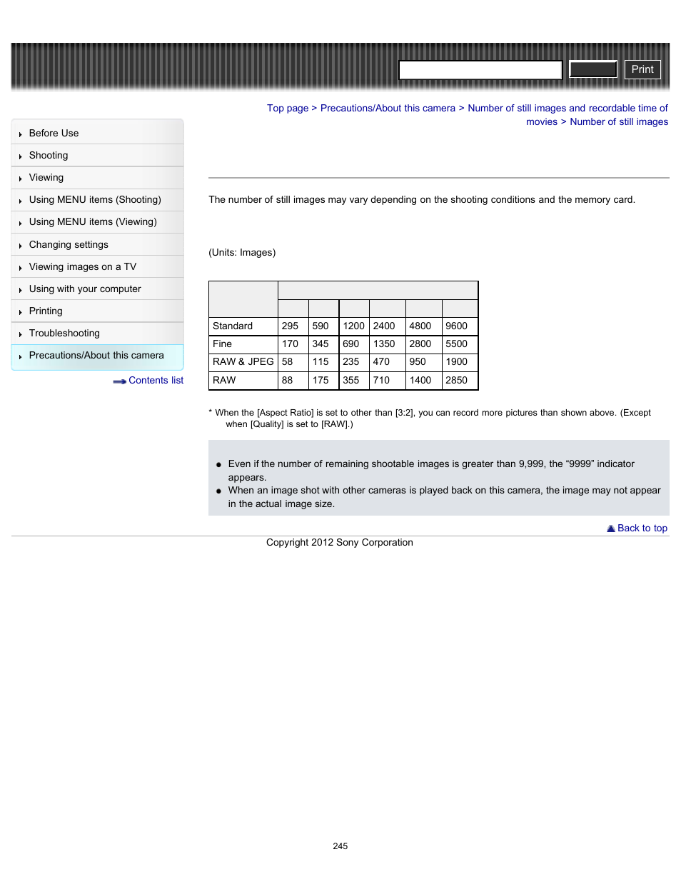 Number of still images, Cyber-shot user guide | Sony DSC-RX100 User Manual | Page 252 / 259