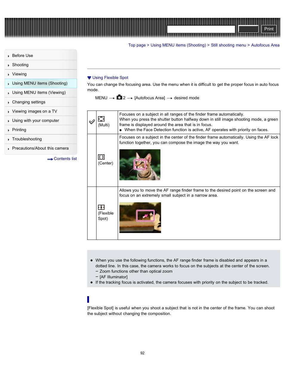 Autofocus area, Cyber-shot user guide | Sony DSC-RX100 User Manual | Page 99 / 259