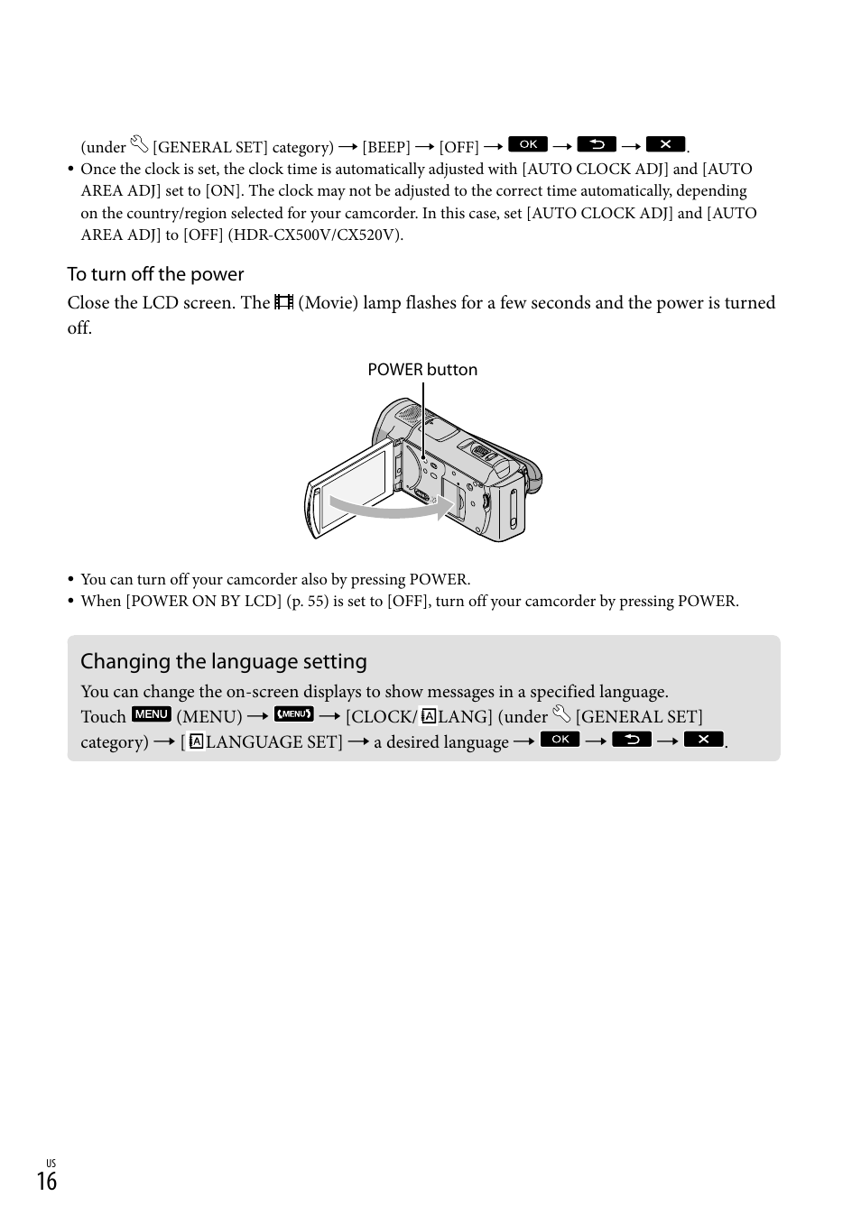 Changing the language setting | Sony HDR-CX520V User Manual | Page 16 / 135