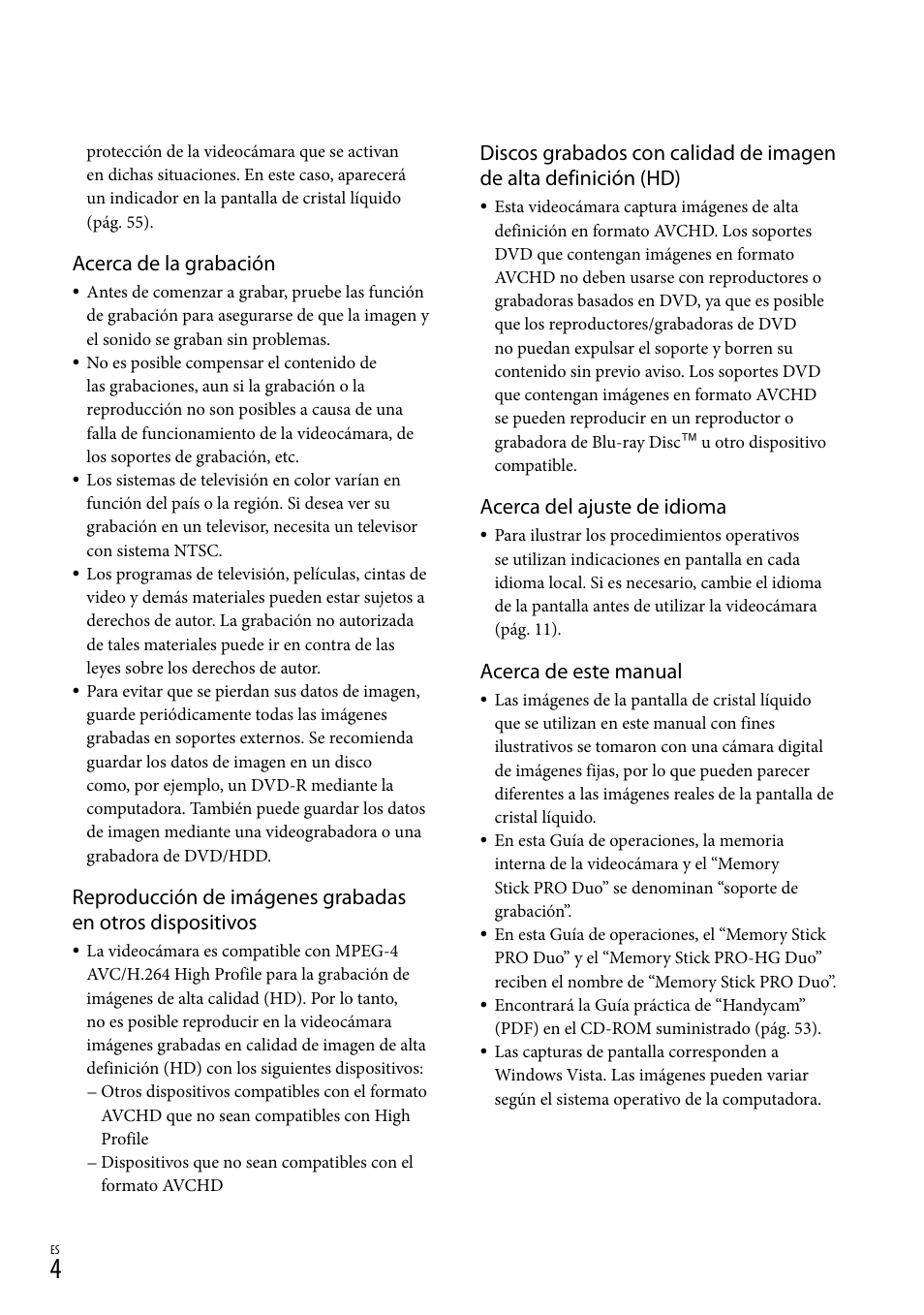 Acerca de la grabación, Acerca del ajuste de idioma, Acerca de este manual | Sony HDR-CX520V User Manual | Page 72 / 135