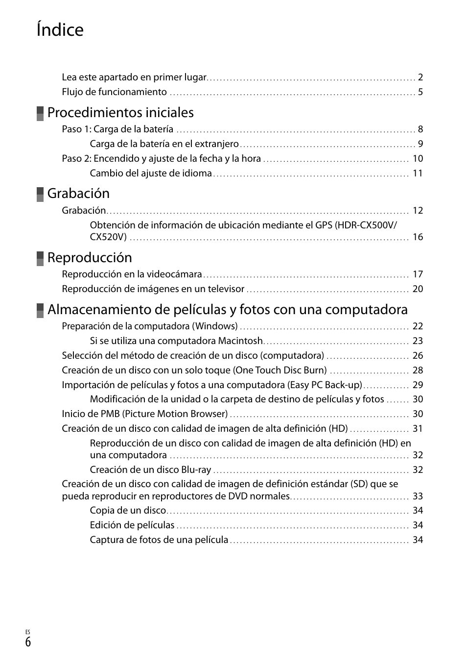 Índice, Procedimientos iniciales, Grabación | Reproducción | Sony HDR-CX520V User Manual | Page 74 / 135