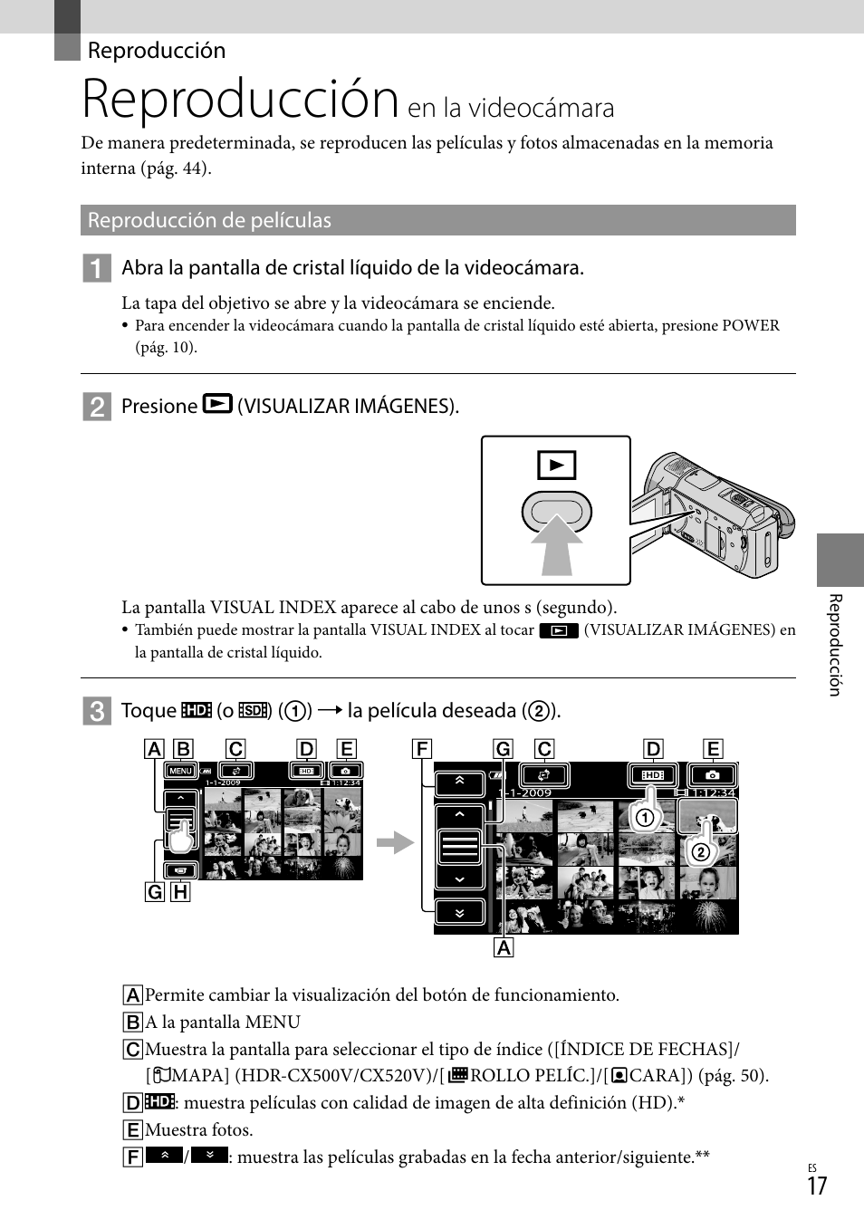 Reproducción, Reproducción en la videocámara, En.la.videocámara | Sony HDR-CX520V User Manual | Page 85 / 135