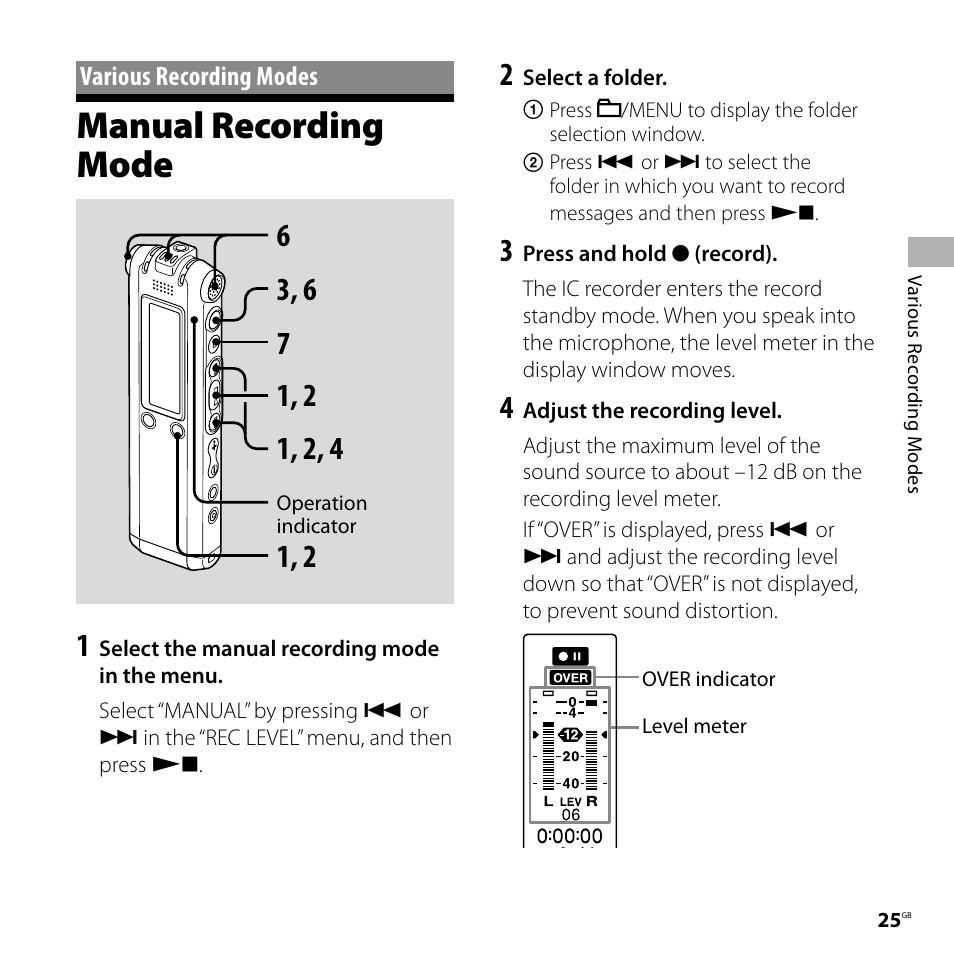 Manual recording mode, Various recording modes | Sony ICD-SX77 User Manual | Page 25 / 92