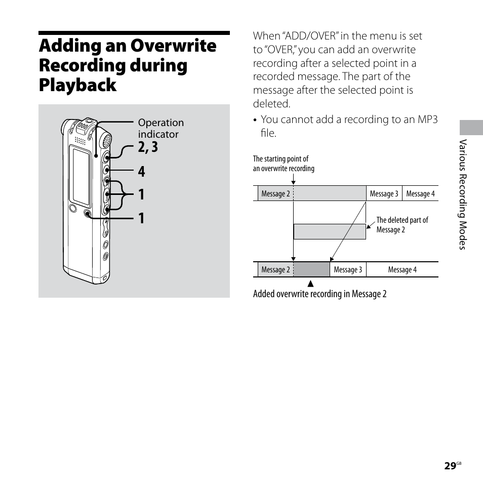 Adding an overwrite recording during playback | Sony ICD-SX77 User Manual | Page 29 / 92