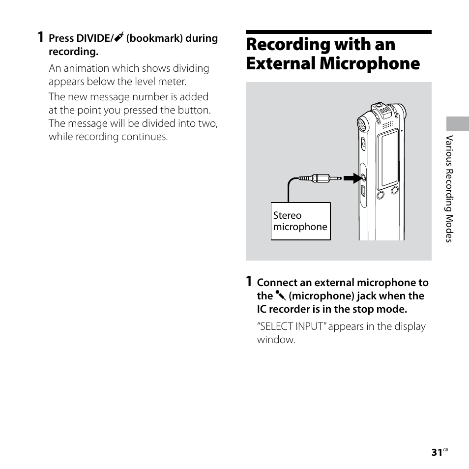 Recording with an external microphone | Sony ICD-SX77 User Manual | Page 31 / 92