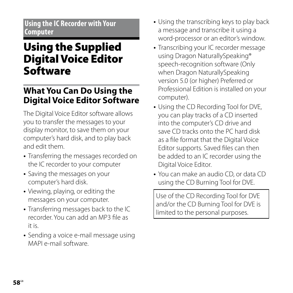 Using the supplied digital voice editor software, Using the ic recorder with your computer | Sony ICD-SX77 User Manual | Page 58 / 92