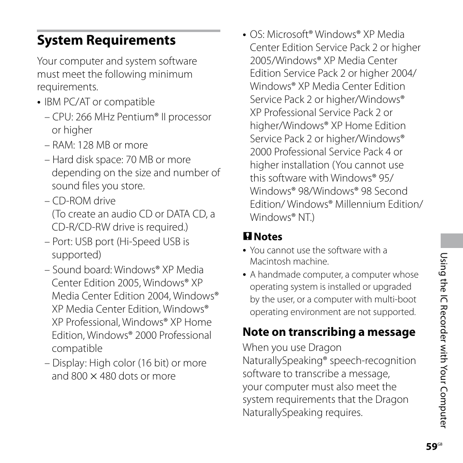 System requirements | Sony ICD-SX77 User Manual | Page 59 / 92