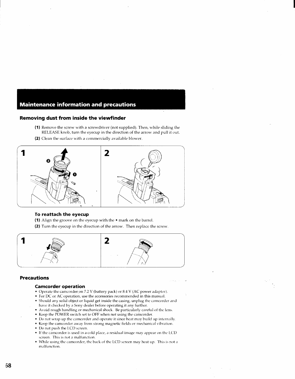 Removing dust from inside the viewfinder, To reattach the eyecup, Precautions | Camcorder operation, Maintenance information and precautions | Sony CCD-TRV41 User Manual | Page 70 / 86