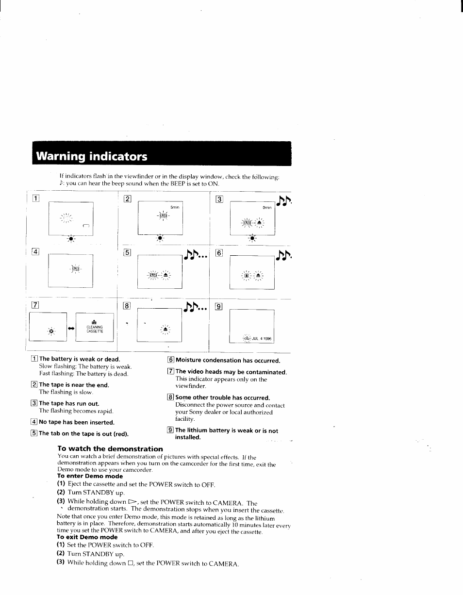 Warning indicators, To watch the demonstration, To enter demo mode | To exit demo mode | Sony CCD-TRV41 User Manual | Page 85 / 86