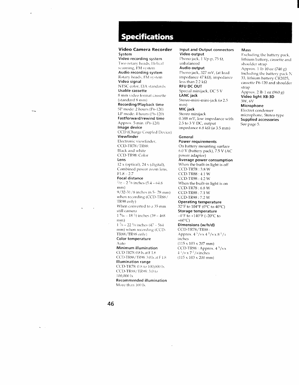 Video camera recorder, Specifications | Sony CCD-TR98 User Manual | Page 46 / 54