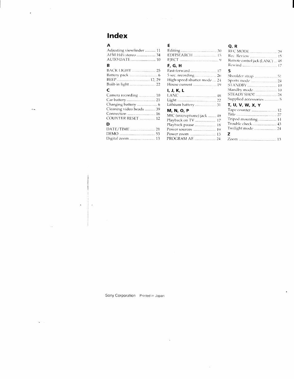 Index | Sony CCD-TR98 User Manual | Page 54 / 54