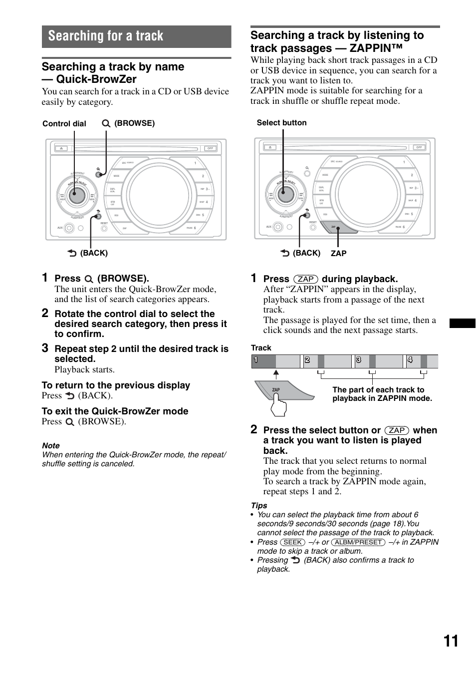 Searching for a track, Searching a track by name - quick-browzer, Searching a track by name — quick-browzer | Browse) control dial (back), Zap select button (back) | Sony WX-GT77UI User Manual | Page 11 / 52