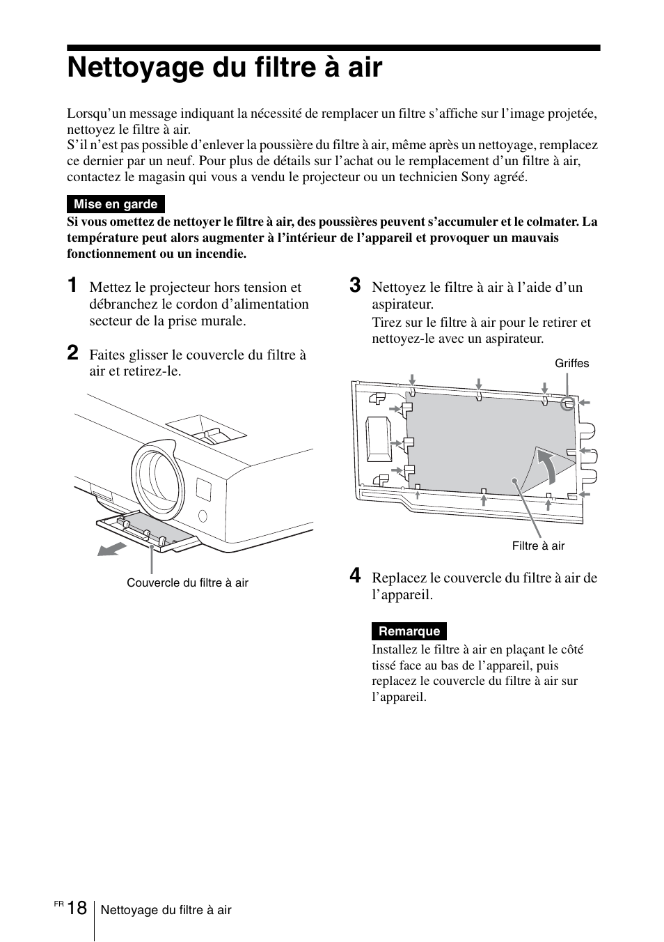 Nettoyage du filtre à air | Sony VPL-DX145 User Manual | Page 60 / 132