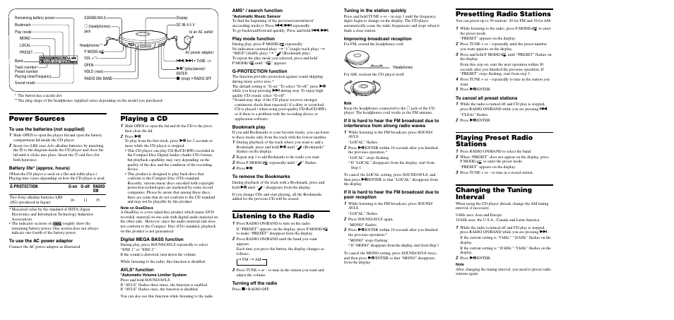 Power sources, Playing a cd, Listening to the radio | Presetting radio stations, Playing preset radio stations, Changing the tuning interval | Sony D-FJ040PS User Manual | Page 2 / 2