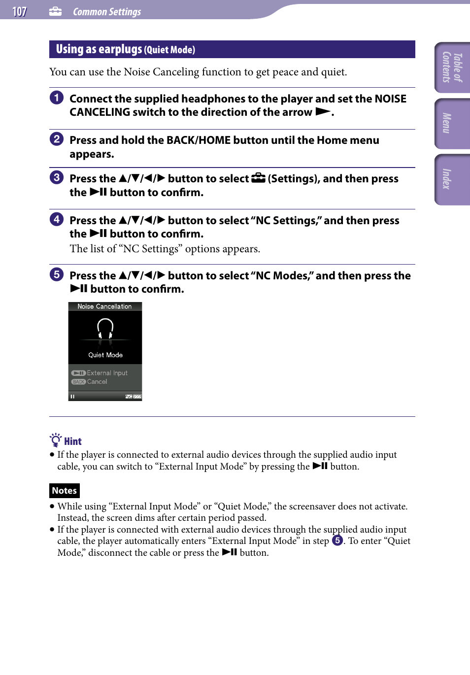 Using as earplugs (quiet mode), Using as earplugs, Quiet mode) | Sony NWZ-S638FREDWM User Manual | Page 107 / 166