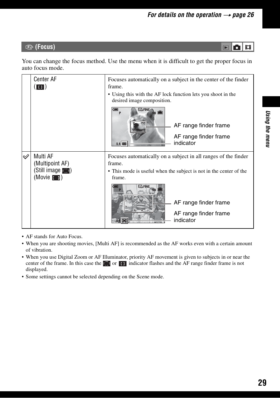 Focus) | Sony DSC-S600 User Manual | Page 29 / 99