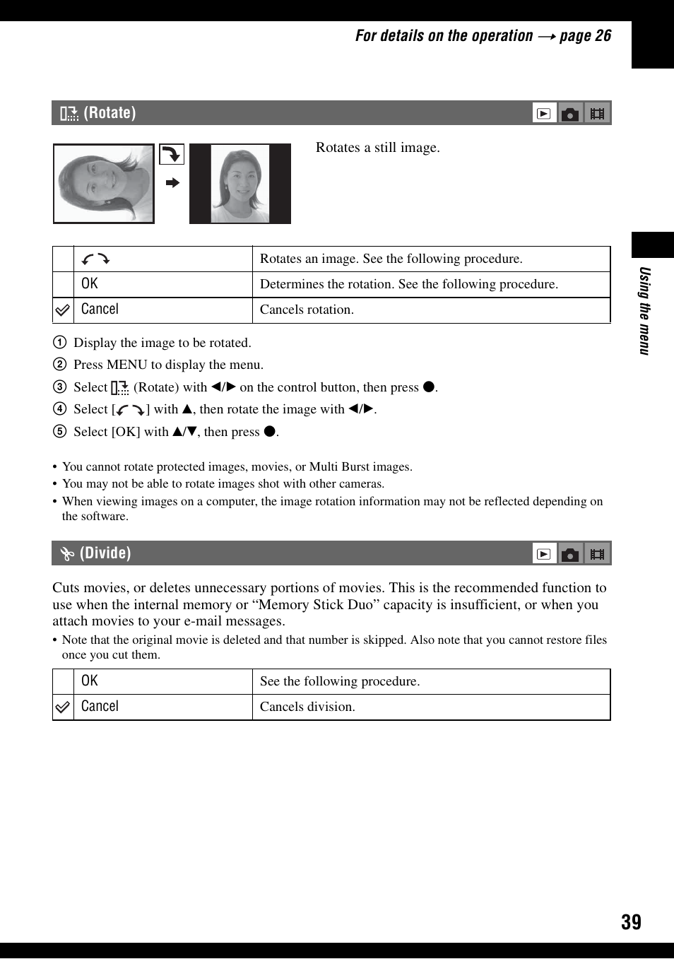 Rotate), Divide) | Sony DSC-S600 User Manual | Page 39 / 99