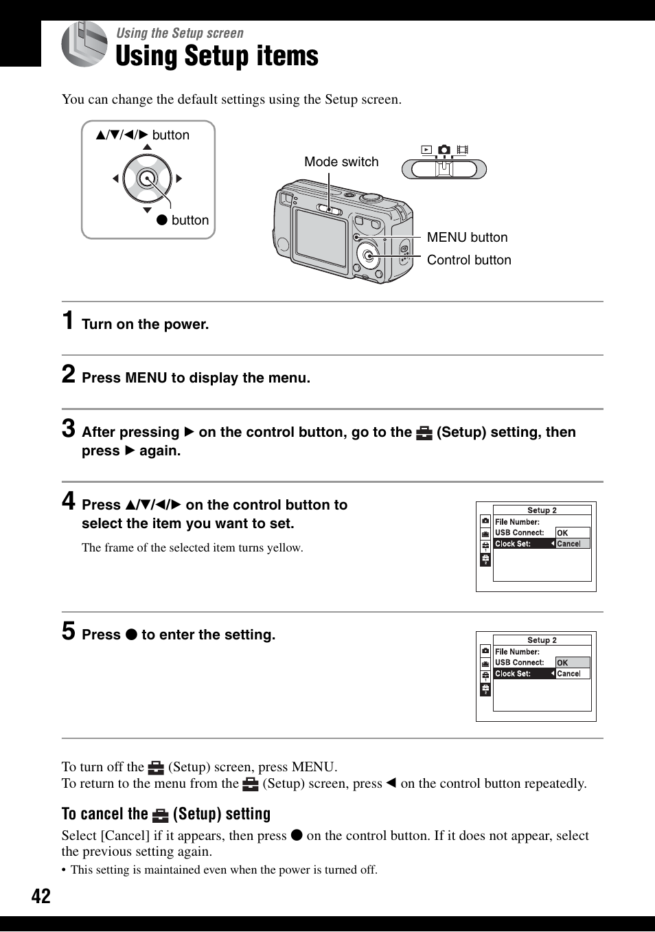 Using the setup screen, Using setup items | Sony DSC-S600 User Manual | Page 42 / 99