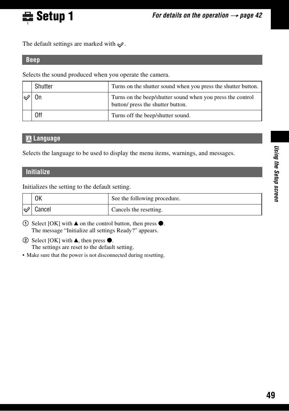 Setup 1, Beep, Language | Initialize | Sony DSC-S600 User Manual | Page 49 / 99