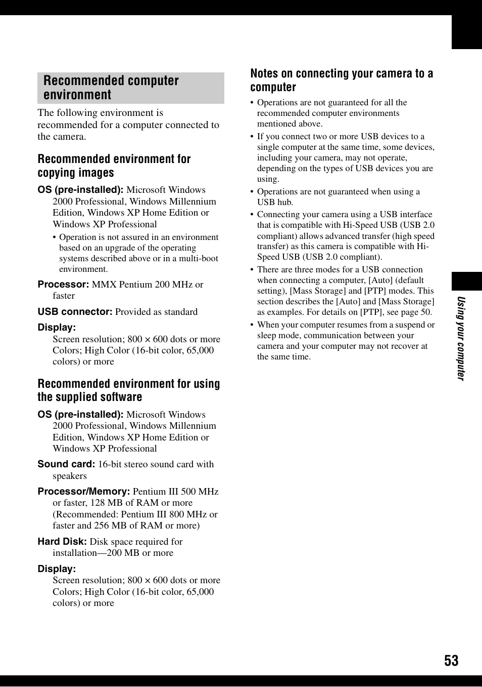 Recommended computer environment, Recommended environment for copying images | Sony DSC-S600 User Manual | Page 53 / 99