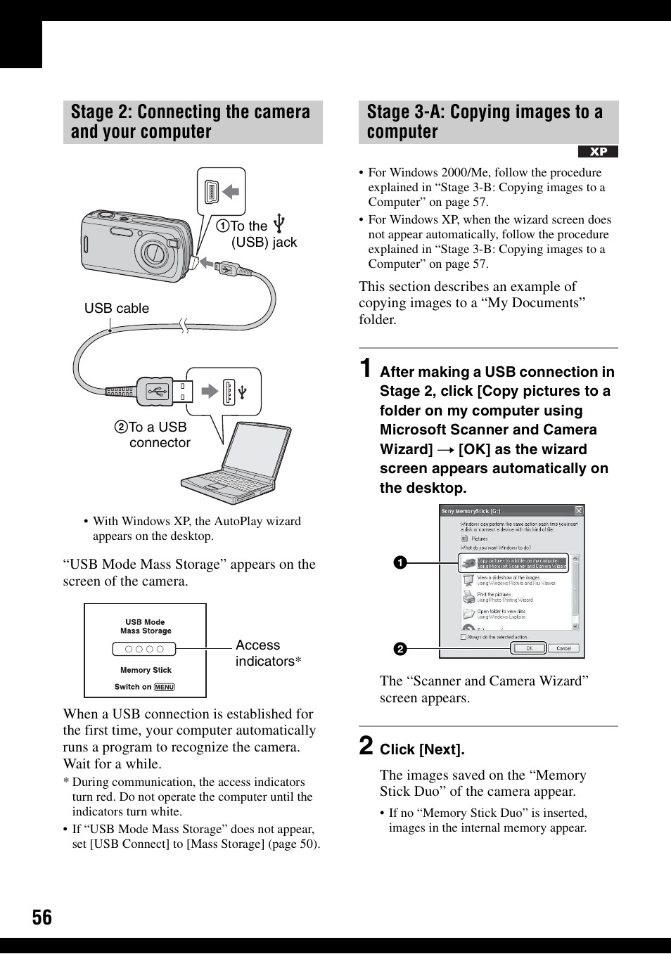 56 a, Stage 2: connecting the camera and your computer, Stage 3-a: copying images to a computer | Sony DSC-S600 User Manual | Page 56 / 99