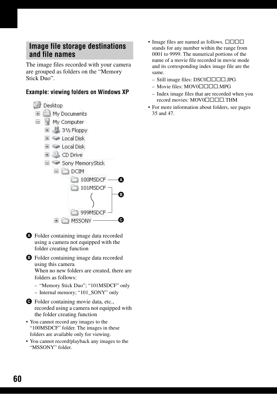 Image file storage destinations and file names | Sony DSC-S600 User Manual | Page 60 / 99