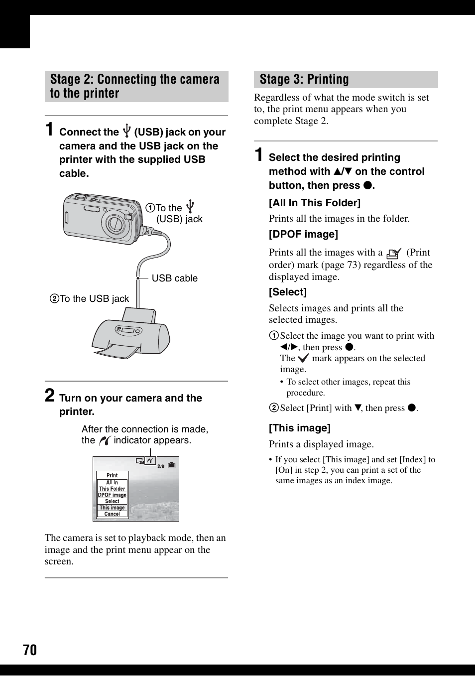 Stage 2: connecting the camera to the printer, Stage 3: printing | Sony DSC-S600 User Manual | Page 70 / 99