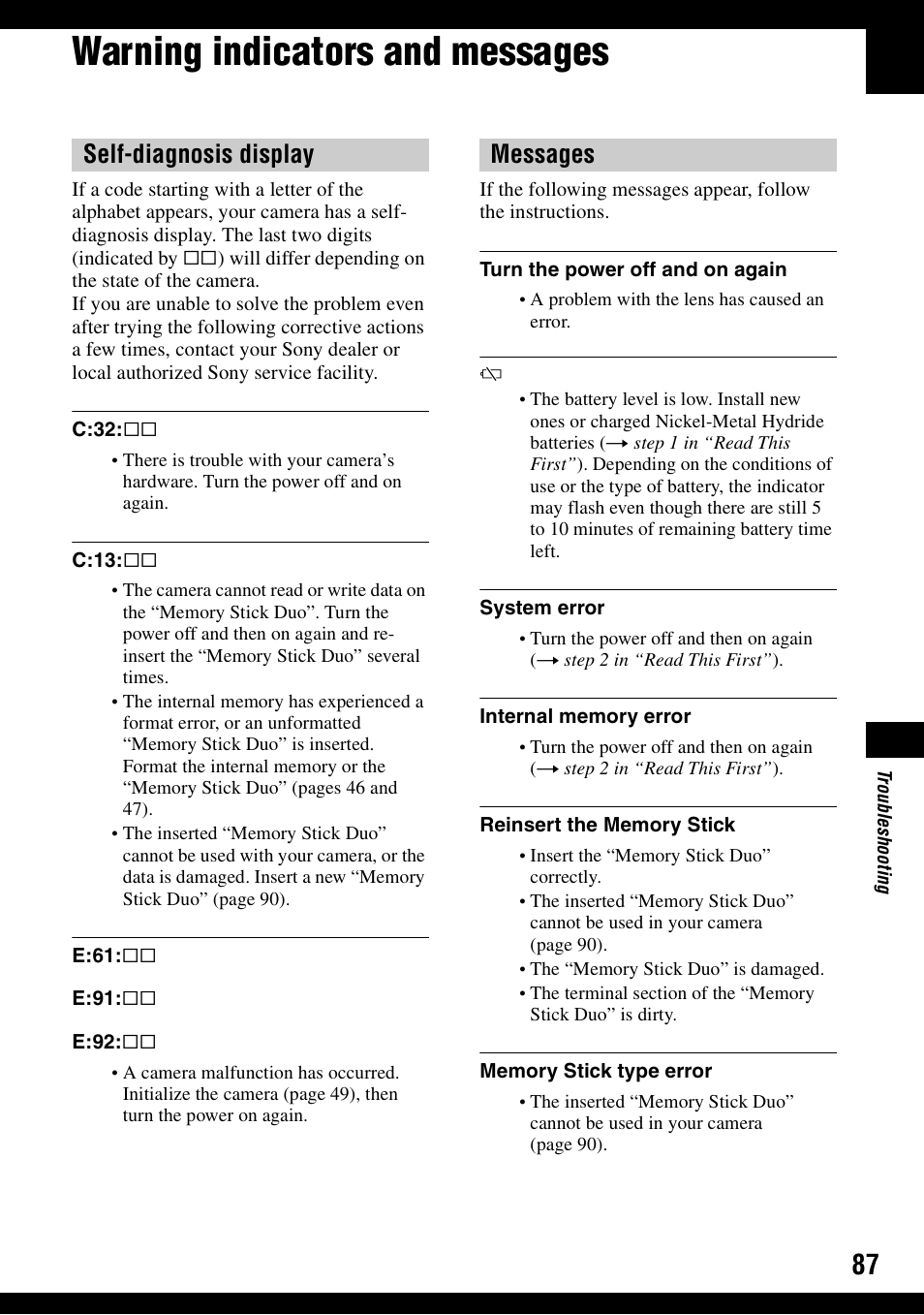 Warning indicators and messages, Y (87), Self-diagnosis display messages | Sony DSC-S600 User Manual | Page 87 / 99