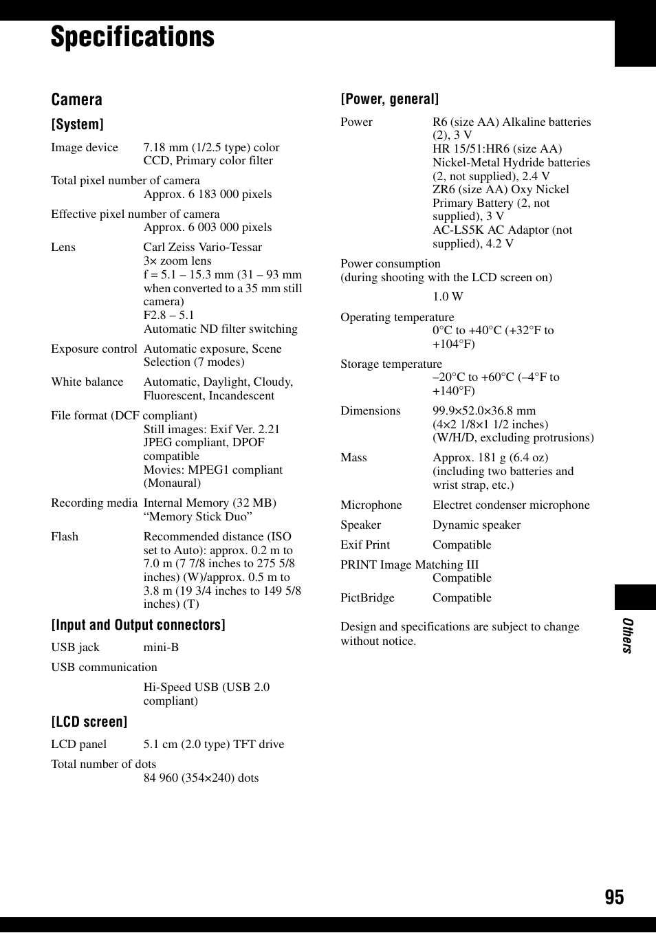 Specifications, Camera | Sony DSC-S600 User Manual | Page 95 / 99